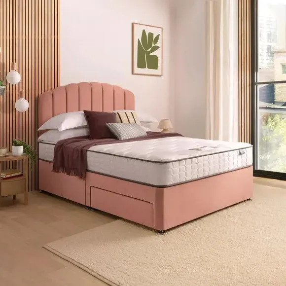 Divan Bed with Headboard & Mattress - Pink, Velvet
