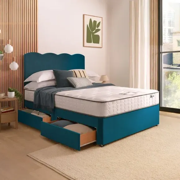 Divan Bed with Wave Headboard - Peacock, Velvet
