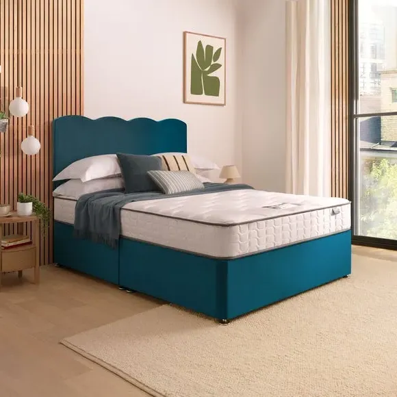 Divan Bed with Wave Headboard - Peacock, Velvet