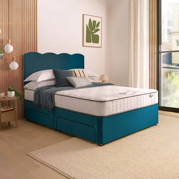 Divan Bed with Wave Headboard - Peacock, Velvet