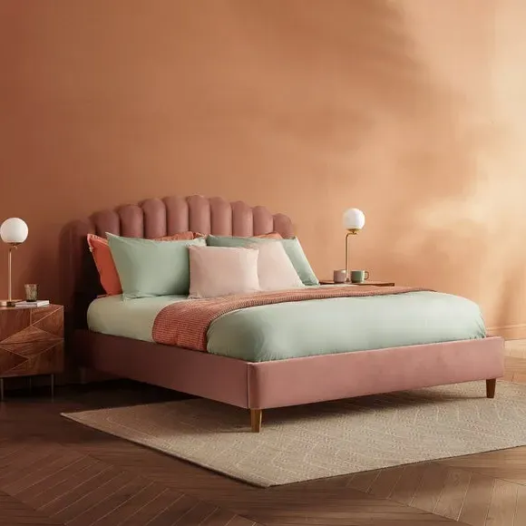 Upholstered Bed Frame with Fan Headboard - Dusky Pink