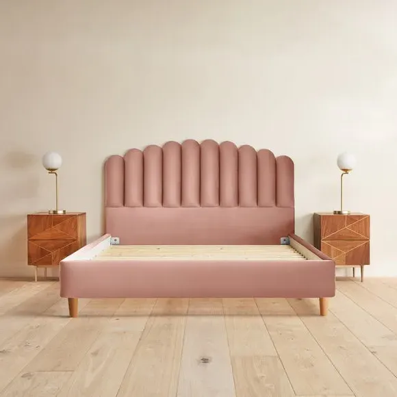 Upholstered Bed Frame with Fan Headboard - Dusky Pink