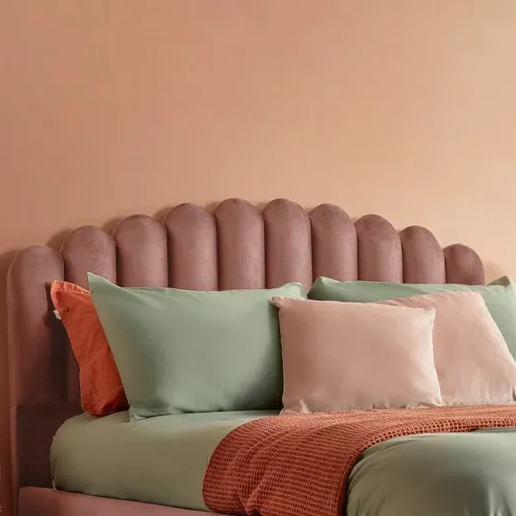 Upholstered Bed Frame with Fan Headboard - Dusky Pink