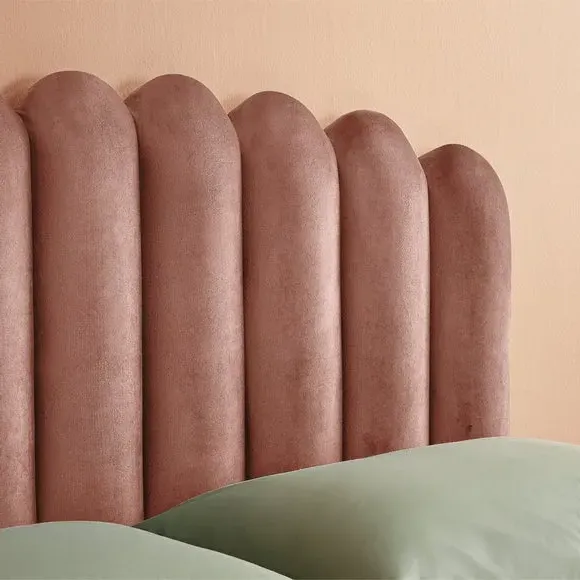Upholstered Bed Frame with Fan Headboard - Dusky Pink