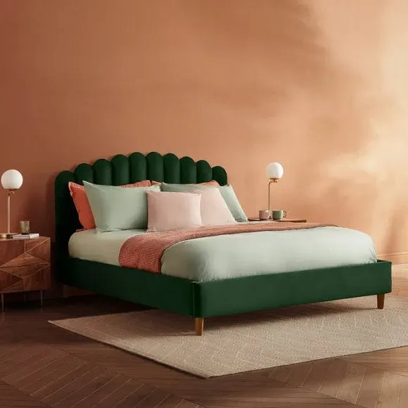 Upholstered Bed Frame with Fan Headboard - Green