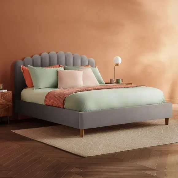 Upholstered Bed Frame with Fan Headboard - Grey