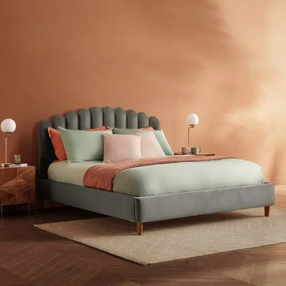Upholstered Bed Frame with Fan Headboard - Silver