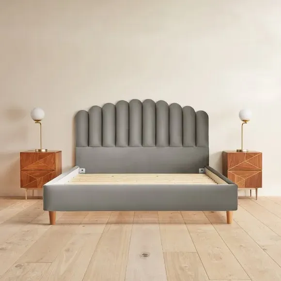 Upholstered Bed Frame with Fan Headboard - Silver