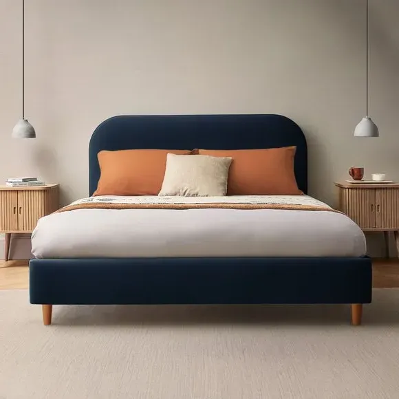 Upholstered Bed Frame with Headboard - Blue, Velvet