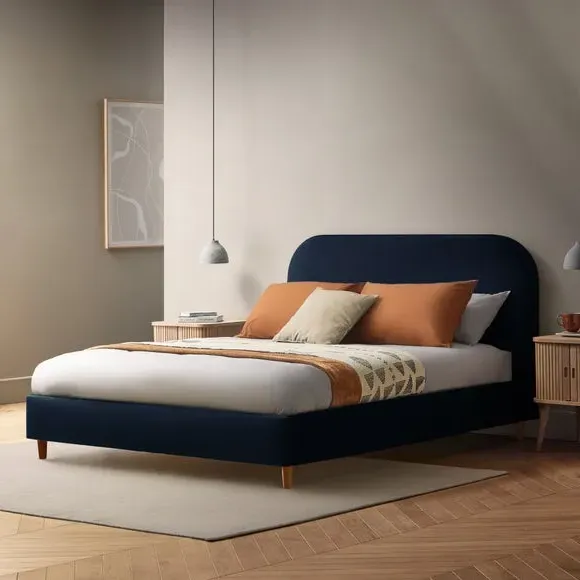Upholstered Bed Frame with Headboard - Blue, Velvet