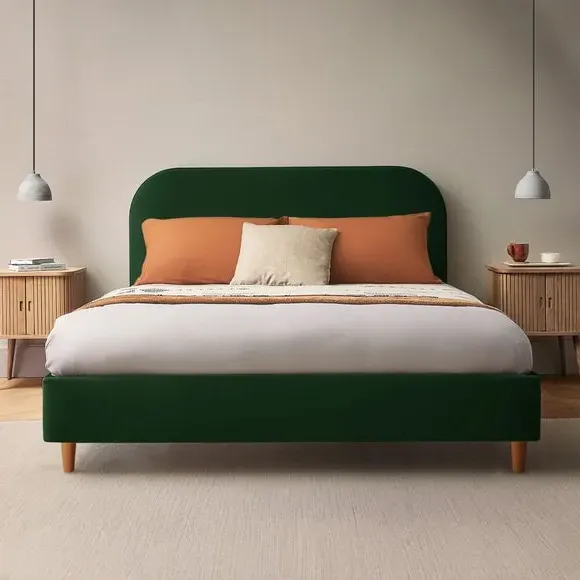 Upholstered Bed Frame with Headboard - Green, Velvet