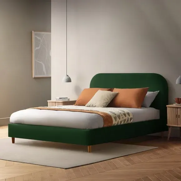 Upholstered Bed Frame with Headboard - Green, Velvet image