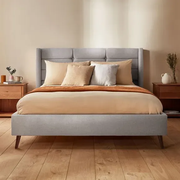 Winged Bed Frame with Upholstery - Light Grey, Fabric