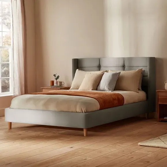 Winged Bed Frame with Upholstery - Light Grey, Fabric image