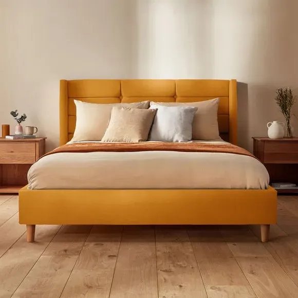 Winged Bed Frame with Upholstery - Ochre, Velvet