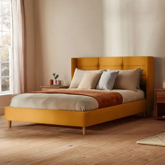 Winged Bed Frame with Upholstery - Ochre, Velvet image