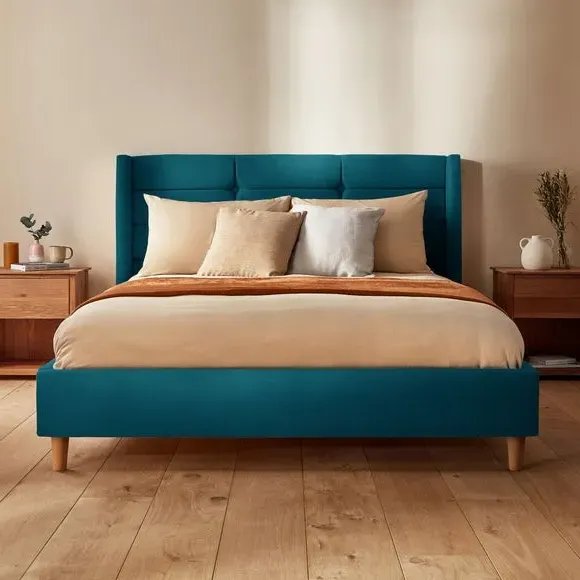 Winged Bed Frame with Upholstery - Peacock, Velvet