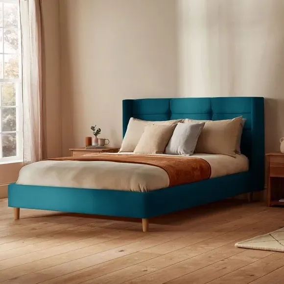 Winged Bed Frame with Upholstery - Peacock, Velvet