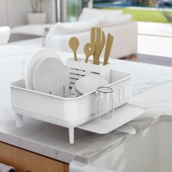 Compact Dish Rack with Drip Tray - White, Steel