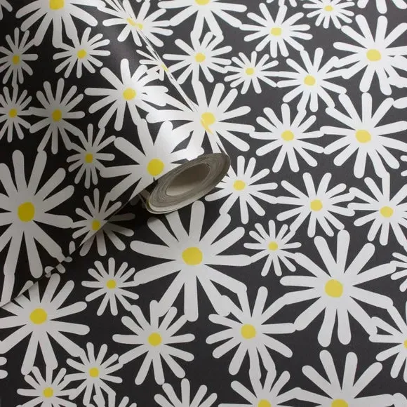 Daisy Floral Wallpaper with Mica Shine - Black