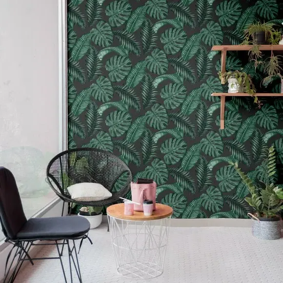 Tropical Leaves Wallpaper - Black/Green, Paper