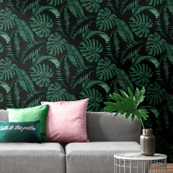 Tropical Leaves Wallpaper - Black/Green, Paper image