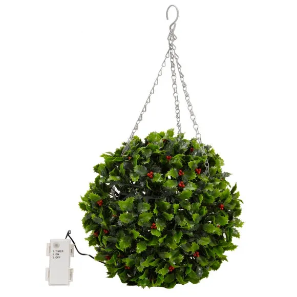 Pre-Lit Holly Topiary Ball - Green, Artificial
