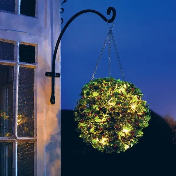 Pre-Lit Holly Topiary Ball - Green, Artificial image