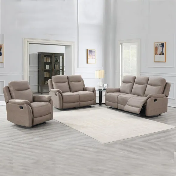 3-Seater Manual Recliner Sofa - Beige, Faux Suede