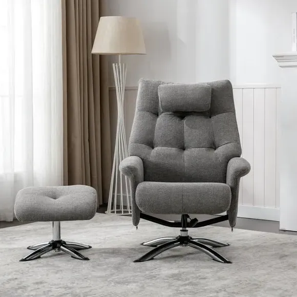 Reclining Swivel Chair with Footstool - Grey, Chenille
