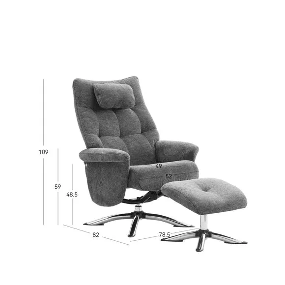 Reclining Swivel Chair with Footstool - Grey, Chenille