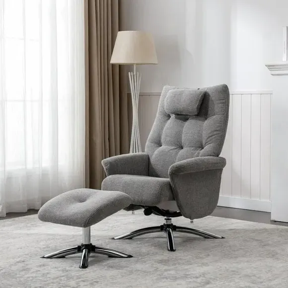 Reclining Swivel Chair with Footstool - Grey, Chenille image