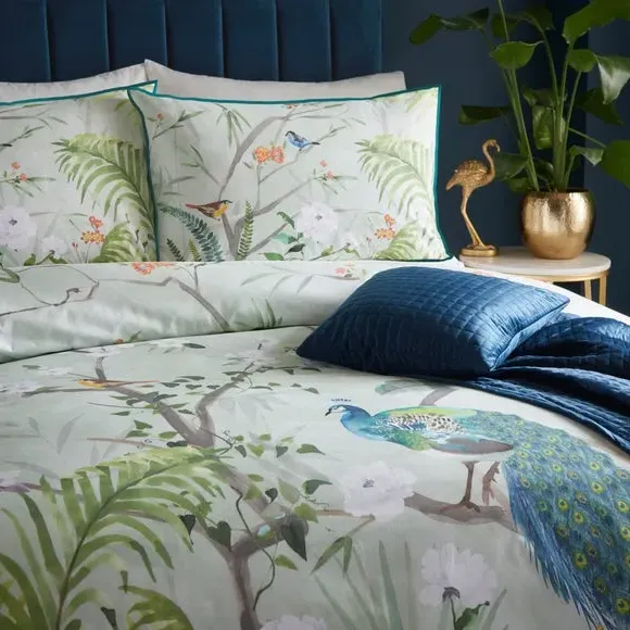 Duvet Cover Set with Tropical Print - Green, Cotton