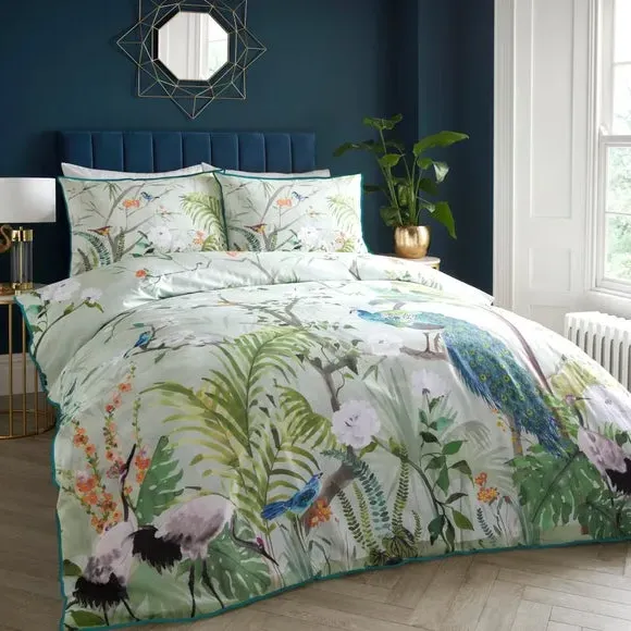 Duvet Cover Set with Tropical Print - Green, Cotton