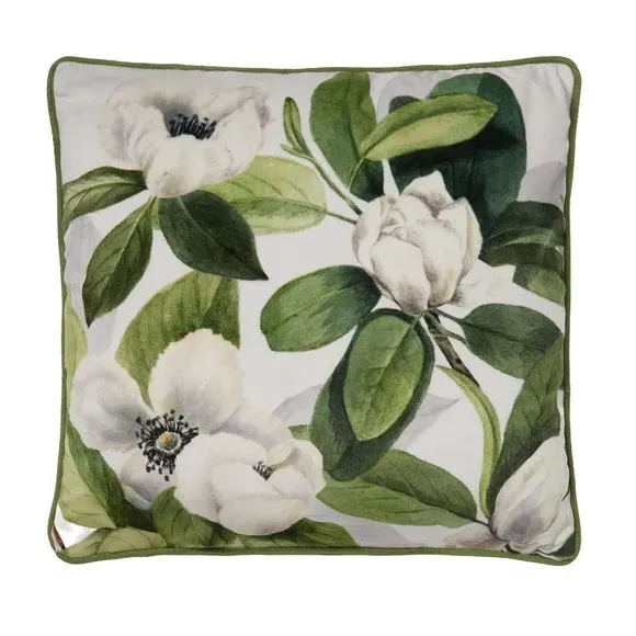 Floral Filled Cushion - Green, Velvet