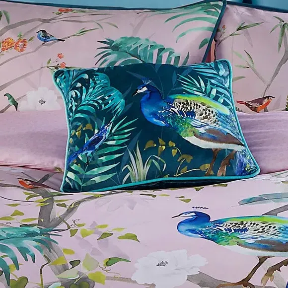 Square Filled Cushion with Peacock Print - Green