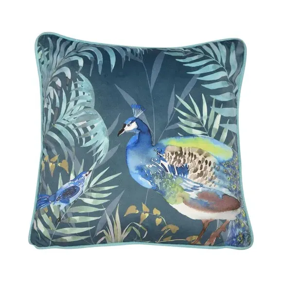 Square Filled Cushion with Peacock Print - Green