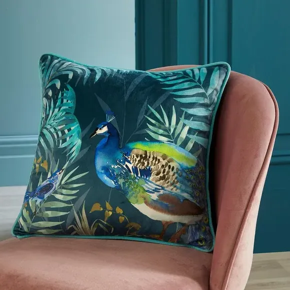Square Filled Cushion with Peacock Print - Green image