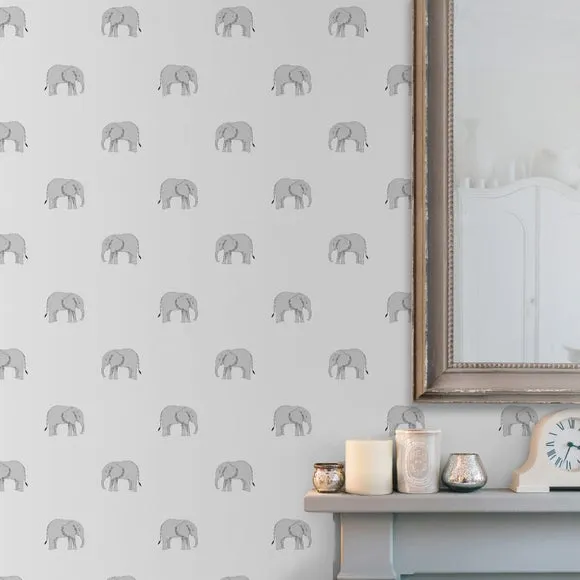 Elephant Print Wallpaper - Grey, Paper