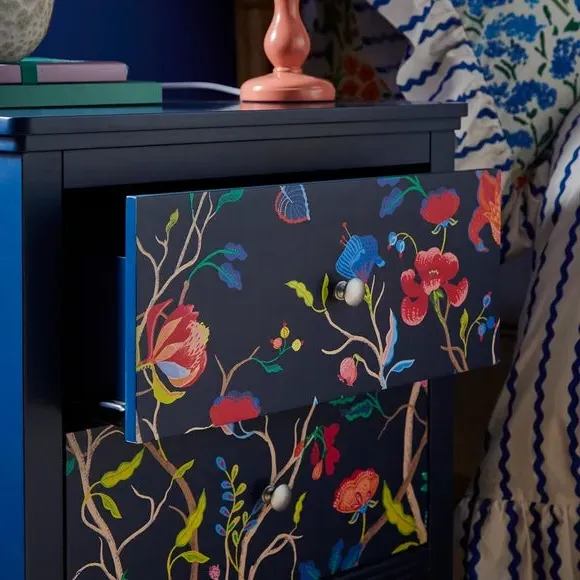 2-Drawer Bedside Table with Print Detail - Wood