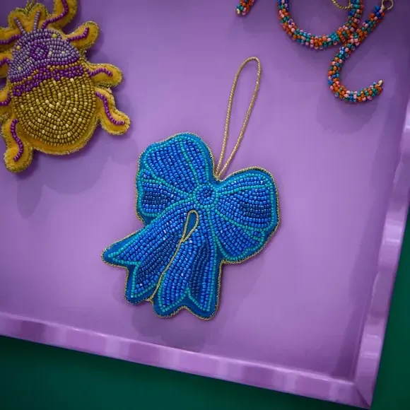 Beaded Bow Hanging Decoration - Blue