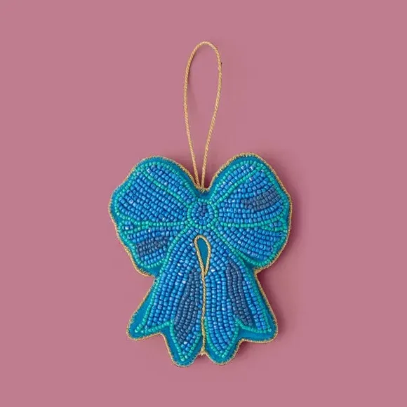 Beaded Bow Hanging Decoration - Blue
