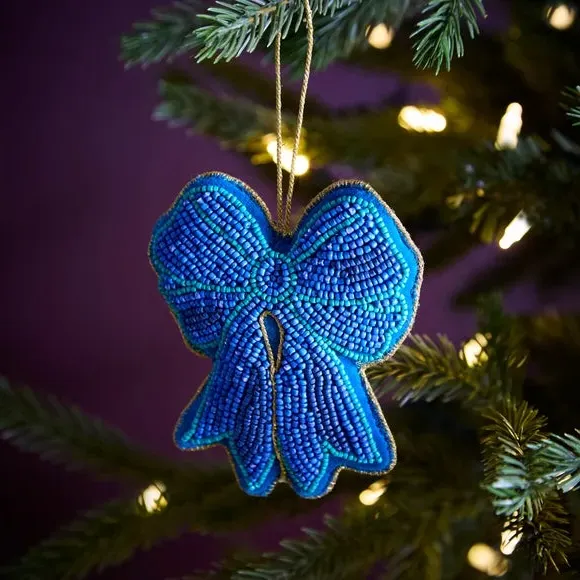 Beaded Bow Hanging Decoration - Blue image