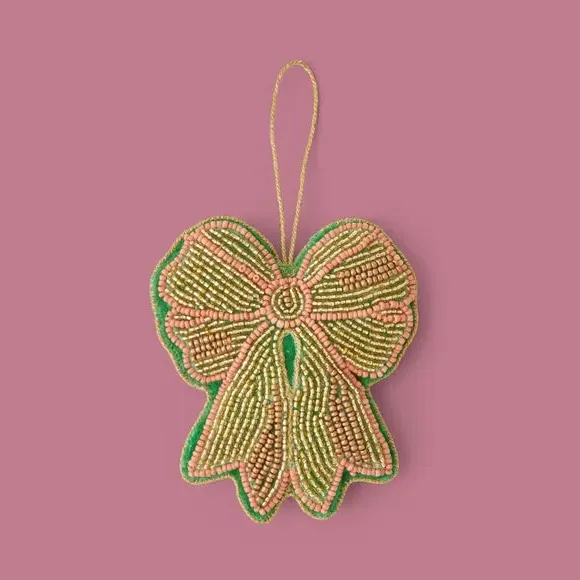 Beaded Bow Hanging Decoration - Gold