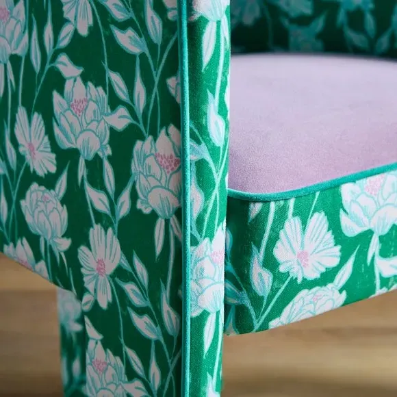 Dining Chair with Peony Print - Green, Fabric