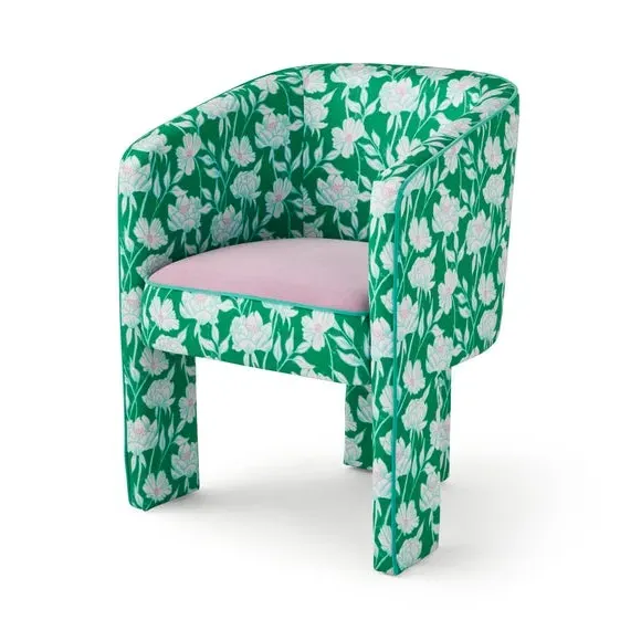 Dining Chair with Peony Print - Green, Fabric