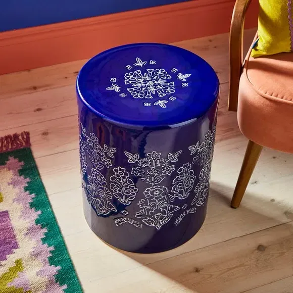 Drum Side Table with Glazed Design - Cobalt, Ceramic