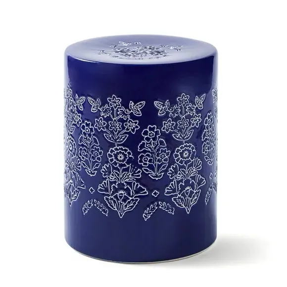 Drum Side Table with Glazed Design - Cobalt, Ceramic