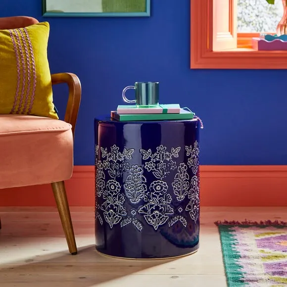 Drum Side Table with Glazed Design - Cobalt, Ceramic image