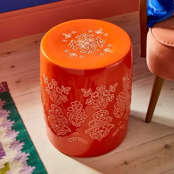 Drum Side Table with Glazed Design - Watermelon, Ceramic